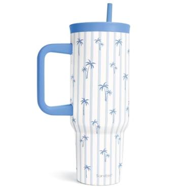 Imagem de SANDJEST Copo de palha de silicone com tampa de bloqueio de aço inoxidável de palmeira com alça 1,134 g, copo de viagem isolado de aço inoxidável para mulheres amantes da praia, ideia de presente para