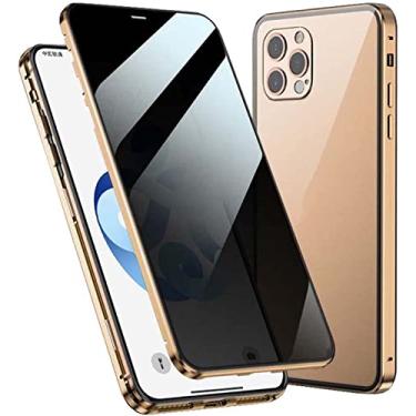 Imagem de CYSUE Capa de telefone de pára-choques de metal de vidro temperado de dupla face, para Apple iPhone 14 Pro Max 2022 capa magnética anti-peep (cor: ouro)