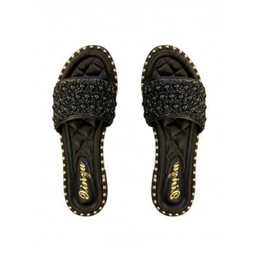 Imagem de BEAUDRM Pantufas femininas com glitter com pedras brilhantes cravejadas com pérolas brilhantes e contas na praia, férias na praia, bico aberto, sapatos deslizantes, Preto, 37