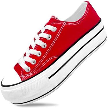 Imagem de Tênis de plataforma feminino de 4 cm de altura, plataforma de lona clássica tênis de cano baixo para mulheres e meninas adolescentes moda e sapatos bonitos, Vermelho, 7