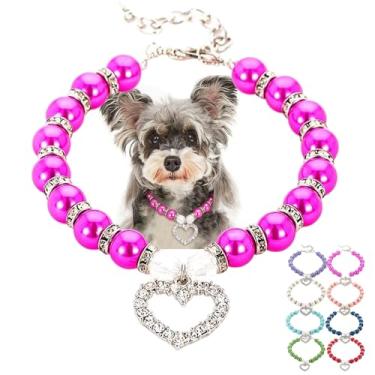 Imagem de Colar de pérola para cães, elegante coleira de cachorro com strass de cristal para meninas, coleira ajustável com contas para animais de estimação para encontros de cães e gatos, rosa choque M