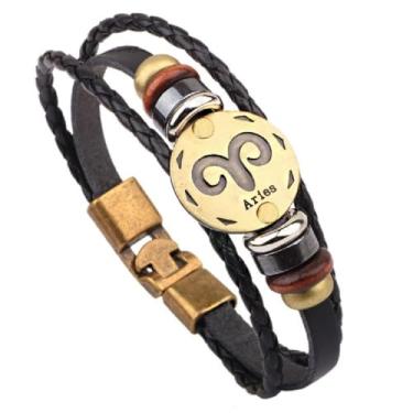 Imagem de Pulseira masculina e feminina de couro do zodíaco vintage punk com fecho multitrançado, presente fácil de colocar para ele e ela, One Size, Cristal, Ametista criada