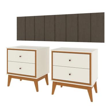 Imagem de Conjunto Quarto Queen Cabeceira Adesiva 1,60 e 2 Mesas de Cabeceira Arruna em MDP Pés em Madeira