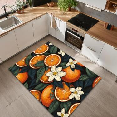 Imagem de ZunaLoomA Tapete botânico moderno laranja para cozinha, sala de estar, entrada, berçário, tropical, lavável à máquina, macio, 152 x 234 cm, superfície de tecido plano, tapete antiderrapante