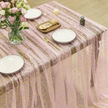 Imagem de Horaldaily Toalha de mesa retangular de gaze ouro rosa 152 x 300 cm, folha metálica com glitter de lantejoulas douradas, gaze de tule transparente para casamento, chá de bebê, cerimônia de aniversário