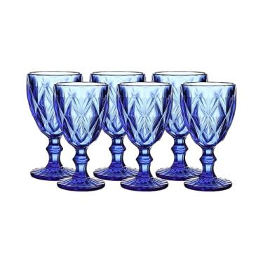 Imagem de Whole HOUSEWARES | Conjunto de copos de vidro cálice | Copos vintage | Copos de água de 270 ml | Conjunto de 6 copos coloridos para cozinha | para casamento ou festas | Padrão de diamante azul cobalto