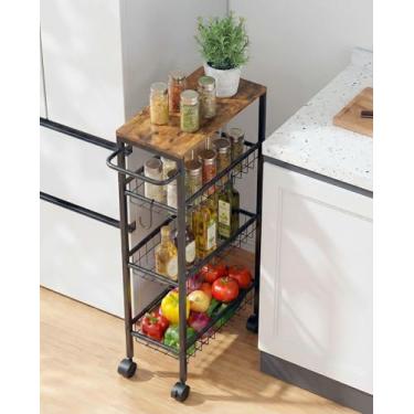 Imagem de Tujurich Carrinho utilitário rolante, carrinho de armazenamento estreito fino de 4 camadas com rodas para cozinha, lavanderia e banheiro, organizador de metal com parte superior de madeira, marrom, 44