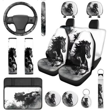 Imagem de DBBXHZJY Capas de assento de carro de cavalo, conjunto completo de acessórios de carro de cavalo preto com capa de volante, almofada de console central masculina, capa de cinto de segurança, ajuste