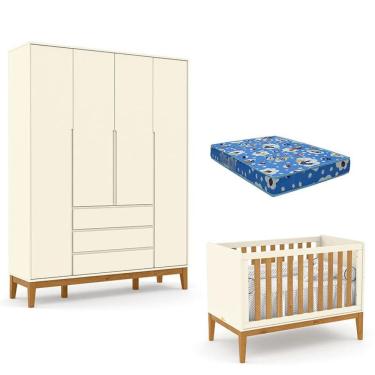 Imagem de Berço Americano New Off White Freijó e Guarda Roupa Infantil 4 Portas Off White Eco Wood com Colchão para Berço Americano - Matic