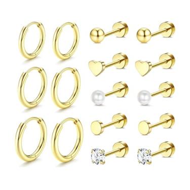 Imagem de Incaton Conjunto de brincos pequenos hipoalergênicos de aço inoxidável cirúrgico banhado a ouro 14 K, brincos de cartilagem minúsculos para orelhas sensíveis, Small, Metal, Zircônia cúbica