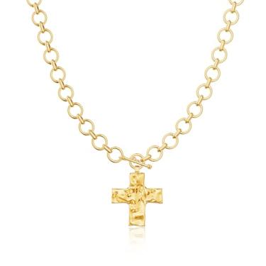 Imagem de Moodear Colar de cruz grossa para mulheres – Colar moderno banhado a ouro 14K com pingente de crucifixo em camadas vintage não manchado corrente pingente cobra espinha de peixe gargantilha joia de