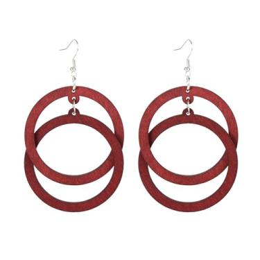 Imagem de Brincos Boho para mulheres, brincos de madeira, brincos de círculo duplo, vintage, brincos geométricos, joias presentes para meninas, Adjustable, Latão, Sem pedra preciosa