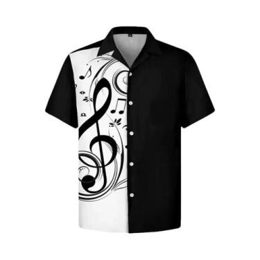 Imagem de Camisa Havaiana Masculina De Verão Com Estampa De Notas Musicais, Mang