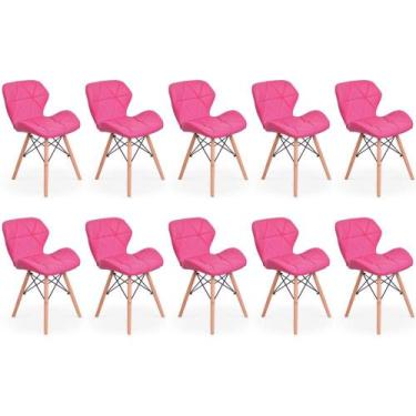 Imagem de Kit 10 Cadeiras de Jantar Charles Eames Slim Wood Estofada - Rosa - Ma