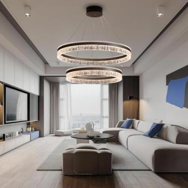 Imagem de Luminária pendente moderna em formato de anel, 120W LED, dimerizável, para sala de estar, com controle remoto, elegante, para quarto, salão de beleza e sala de jantar. Altura ajustável. Acab