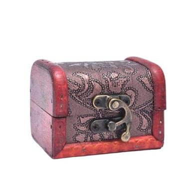 Imagem de 1 caixa organizadora de joias vintage mini baú de tesouro de madeira, caixa organizadora de joias, caixa de presente (vermelha)