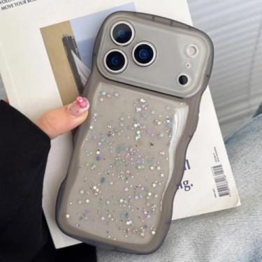 Imagem de IRTGFG Capa transparente de silicone TPU ondulada com lantejoulas brilhantes e glitter para iPhone 16 Pro Max (Preta)