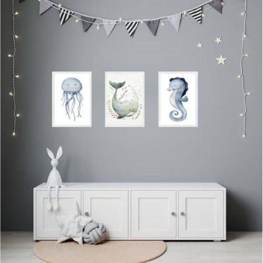 Imagem de Kit 3 Quadros Quarto Infantil Tema Fundo Do Mar 24X18Cm