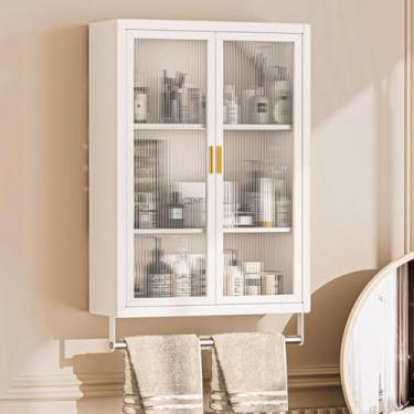 Imagem de Armário de banheiro montado na parede com porta de vidro e toalheiro, unidade de armazenamento sobre o banheiro, armário suspenso versátil para banheiro, cozinha e sala de estar (cor: )