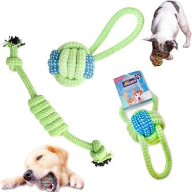 Imagem de Kit Brinquedo Cachorro Resistente Mordedor de Corda 3 Peças Puxador de Corda + Bola com Alça e Bola com Alça Dupla para Pequenas e Médias Raças Pet