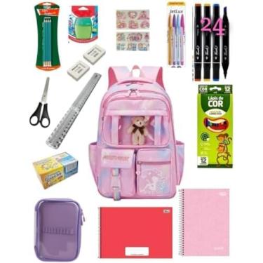 Imagem de Kit Ursinho Material Escolar Infantil Completo Feminino Menina Ensino Fundamental com Mochila 5 Divisórias Estojo e Acessórios