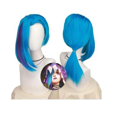 Imagem de Peruca Azul Longa Trançada LOL Jinx Cosplay, Resistente Ao Calor, Cabe