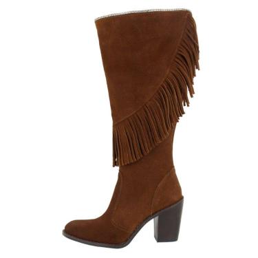 Imagem de Bota Feminina Com Franjas Em Couro Camurça Cano Alto Salto Alto Bloco Fechamento Zíper Sola Borracha