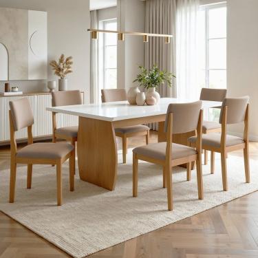 Imagem de Conjunto Sala de Jantar 6 Lugares Retangular Maxi Tampo Vidro Mdf Mesa e Cadeiras Carol Cinamomo/Off White/Bege