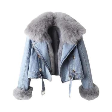 Imagem de Jaqueta Jeans Feminina Com Gola De Pele Sintética De Raposa, Parka Cur