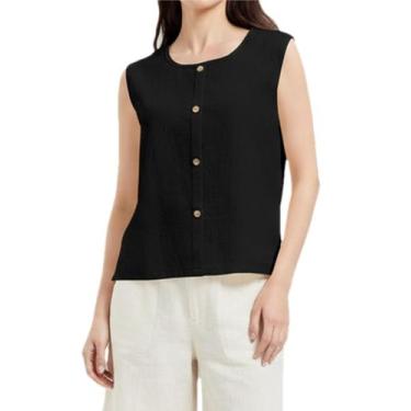 Imagem de Camiseta regata feminina Lingjiazi 1314, de linho, gola redonda, preta