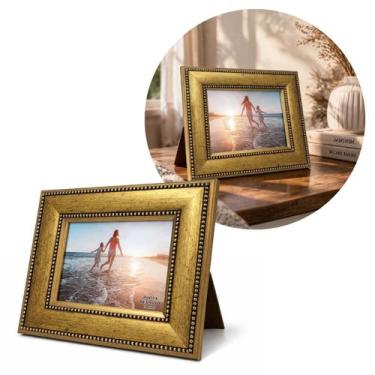 Imagem de Porta Retrato 10x15 Madeira Dourado Luxo Moldura Larga 4,5cm com Vidro