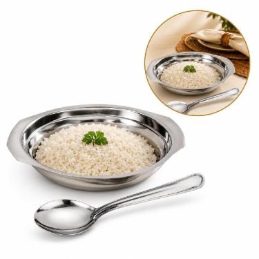 Imagem de Conjunto para Servir Arroz Kit Cumbuca e Colher em Aço Inox Multiuso para Mesa Posta Almoço Jantar Luxo Yeet