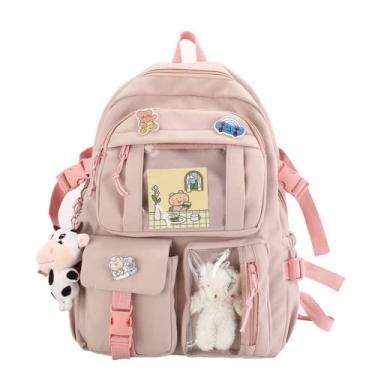 Imagem de Mochila Kawaii fofa com pinos pingente de urso de vaca estética bolsa escolar suprimentos acessórios japoneses bolsas para crianças, rosa, Large, Mochilas Daypack