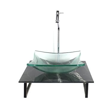 Imagem de KIT CUBA DE VIDRO QUADRADA 10MM INCOLOR COM TAMPO DE VIDRO 40CM X 40CM MÁRMORE PRETO E SUPORTE TORNEIRA VALVULA