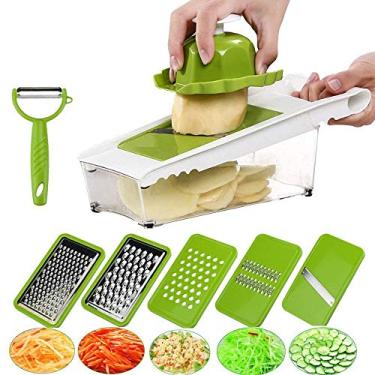 Imagem de Cortador de batata Mandoline Slicer, cortador de vegetais JTONG Julienne fatias e fragmentos de frutas e legumes, cortador de alimentos, suporte de alimentos de segurança, 5 lâminas afiadas intercambiáveis