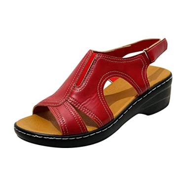 Imagem de Chinelos femininos de couro de verão respirável aberto dedo casual sandálias duráveis antiderrapantes sapatos de caminhada, Vermelho, 9