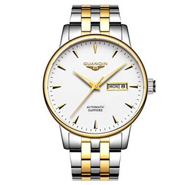 Imagem de Guanqin Relógios mecânicos automáticos masculinos com pulseira de couro de aço inoxidável, mostrador preto branco, à prova d'água, analógico, dia/data, para negócios, casual, Dourado, branco