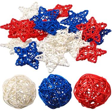 Imagem de 21 peças 4 de julho bola de vime decoração bolas de vime de vime estrela bola patriótica decorações em forma de estrela enchimentos de tigela de vaso vermelho branco azul para decoração de casa dia da independência bolas decorativas tecidas