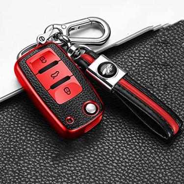 Imagem de YJADHU TPU couro masculino feminino chaveiro chaveiro capa de chave de carro, apto para Volkswagen VW Jetta Golf Passat Beetle Skoda assento Polo B5, A, vermelho, chaveiro