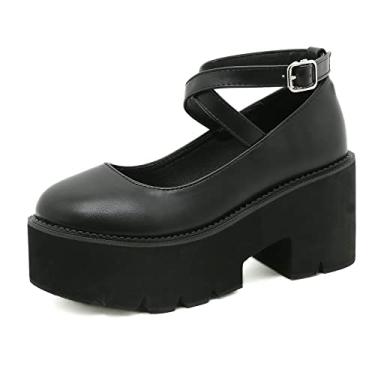 Imagem de Sapato social feminino de couro salto médio Mary Jane bico redondo Oxford plataforma social sapato salto alto