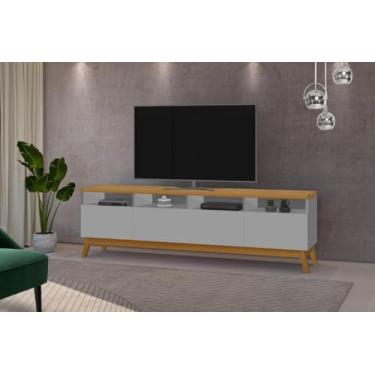 Imagem de Rack SUP 1.80m Estilo Retrô Com Pés em Madeira Com Nichos Para Aparelhos e Objetos de Decoração 3 Portas Para TV Até 70'' Cor Nature/Cinza