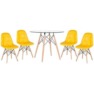 Imagem de Loft7, Kit Mesa de vidro Eames 90 cm + 4 cadeiras Eames Botonê Amarelo