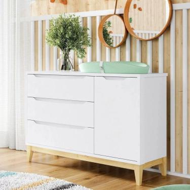 Imagem de Cômoda Infantil Retrô 3 Gavetas 1 Porta Amor Perfeito Divicar Móveis Branco com Pinus Marroml