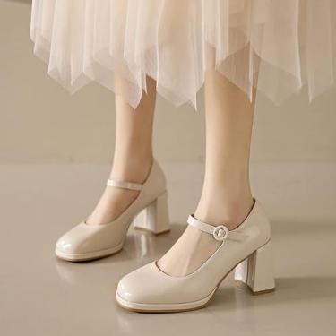 Imagem de Sapatos de salto grosso Mary Jane sapatos femininos tira bico quadrado sapatos femininos de couro feminino