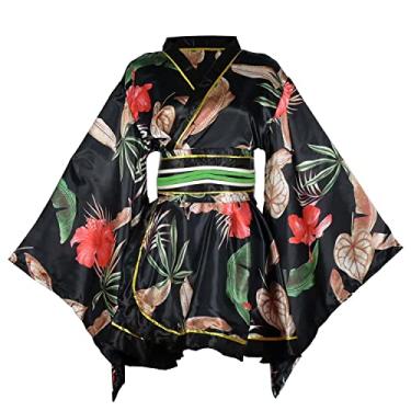 Imagem de Vestido Quimono Curto Sexy Feminino Adulto Fantasia de Gueixa Japonesa Yukata Estampado Vestido Obi Cinto Conjunto Festa Halloween Cosplay Roupa, 15# Preto, One Size