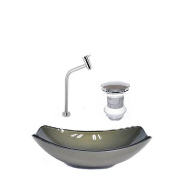 Imagem de Kit Cuba de Vidro + Torneira para Lavatório Oval Chanfrada 36cm Ouro Envelhecido