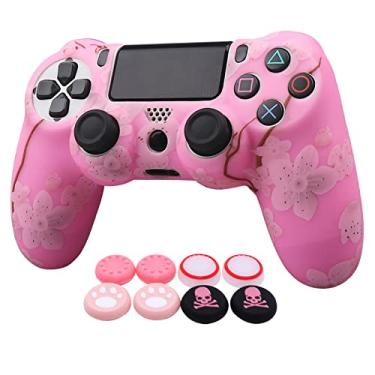 Imagem de RALAN Capas de controle rosa para PS4, capa protetora de silicone compatível com controle PS4 Slim/PS4 Pro (6 alças de polegar rosa Pro, 2 aderências) (rosa camuflagem + rosa branco