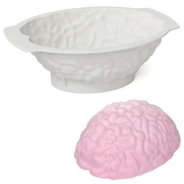 Imagem de Molde de silicone para cérebro - Molde de bolo de cérebro humano realista branco, grande volume com base de suporte, molde de órgãos espessos para fondant de Halloween, geleia de chocolate ou pudim, 8
