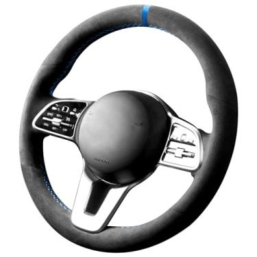 Imagem de Alfanxi Capa de volante de carro Alcantara de costura à mão para Mercedes-Benz CLA /GLA/GLB /GLC/GLE/GLS (preto Alcantara + listra azul)