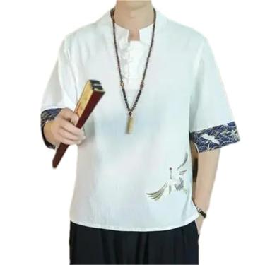 Imagem de Camiseta masculina estilo chinês verão fino bordado crane algodão linho manga curta camisa masculina, Branco, P